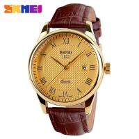 ราคา SKMEI นาฬิกาควอตซ์คู่9058นาฬิกาข้อมือคลาสสิกหรูหราหนังสีทองกันน้ำ (14290574819)