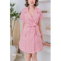 ราคา เดรสแม่อั้ม ปกสูทแขนสั้นลายสก๊อต แต่งกระดุมสีทอง มีสายผูกเอว เข้ารูปสวยงาม หรูหรา เดรสสั้น (16383925577)