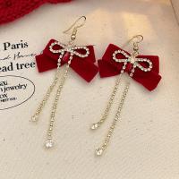 ราคา French Red Velvet Tassel Bow Earrings for Women High end Design New Rhinestone Pearls Hook Earrings (20662731523)