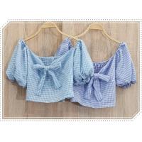 ราคา เสื้อครอปปาดไหล่แฟชั่น ลายสก็อต ผูกหน้า แขนฟักทอง แขนพอง (14786009556)