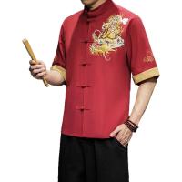 ราคา เสื้อจีนผู้ชาย เสื้อเดี่ยว ชุดจีนสำหรับผู้ชาย สีแดง ลายปักมังกร ขอบแขนสีทอง คอจีน ผ้าฝ้าย T Store Shop (21345270661)