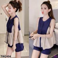 ราคา TW2494 Set 2 ชิ้น เสื้อเชิ้ตคอกลม แขนกุด งานเย็บตัดต่อ ทูโทน (5944708115)