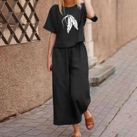 ราคา เสื้อเชิ้ตแขนสั้นและกางเกงขายาวชุดเสื้อยืดคอกลมชุดสูทกางเกงสองชิ้นพิมพ์ลายลำลองสำหรับผู้หญิงกางเกงเลกกิ้งสตรีเอี๊ยม (20143269771)