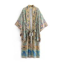 ราคา Boho Floral Print Loose Casual kimono Sleeve beach Cover up top Open Front maxi Tie Belt blouse women bikini cover Swimwear (13125902402)