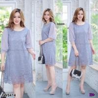 ราคา TW8414 เดรส สาวอวบ ลูกไม้แขนชีฟอง (501310360)