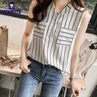 ราคา GEMEITE Fast Delivery Women Chiffon Shirt V neck Sleeveless Striped Printing Loose Thin Fashion T shirt (20914130827)