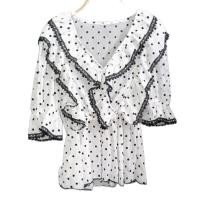 ราคา เสื้อชีฟองสีขาว ลายจุดดำ แต่งระบาย ทรงไขว้หน้า เอวยืด (16467080088)