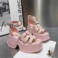 ราคา Summer Fashion Brand Women Shoes Pink Black Platform Roman Sandals Buckle Strap Open Toe Thick High Heels Casual Lady Sandals (20032883913)