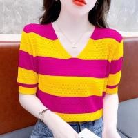ราคา เสื้อยืดคอวีลำลองสไตล์เกาหลีสำหรับผู้หญิงเสื้อยืดลายเสื้อถักนิตติ้งแขนสั้นเสื้อยืดแฟชั่นแบบกลวง (20070785189)