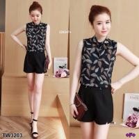 ราคา TW3203 เซท เสื้อแขนกุด พิมพ์ลายใบไม้กับกางเกงขาสั้น (1741900502)