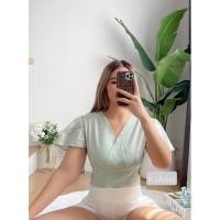 ราคา เสื้อคอวีผูกโบว์หลังแขนระบายผ้าฝ้าย (18444100587)