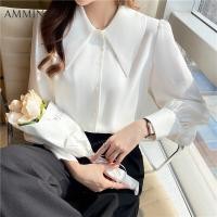 ราคา AMMIN ใหม่แฟชั่นสตรีปกลำลองสำนักงานแขนยาวชีฟองเสื้อเชิ้ตสีขาวสไตล์เกาหลีหลวมอเนกประสงค์คอตุ๊กตาฟองแขนเสื้อชีฟอง (16685380803)