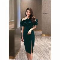 ราคา TW11284 เดรสปาดไหล่ระบายผ่าหน้า (7638381034)