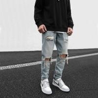 ราคา Mens Casual Skinny กางเกงยีนส์กางเกงผู้ชายกางเกงยีนส์ ripped Black Street Hip Hop ในเข่า DENIM กางเกง (16878918972)