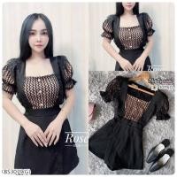 ราคา BS3079 จั้มสูทขาสั้น อกตาข่ายแขนพอง แต่งผ้าลูกไม้ แต่งกระดุมเรียงเม็ด กางเกงผ้าซาร่าสีพื้น (20174917937)