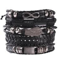 ราคา สร้อยข้อมือหนังประดับด้วยลูกปัดหลายชั้นลายกะโหลกสีดำแฟชั่นสำหรับผู้ชายชุดเชือกพันมือแบบ DIY ปรับได้ (21358516950)