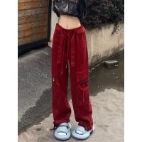 ราคา y2k Red Cargo pants for women Korean style high waist loose casual street sports wide leg pants (20688060026)