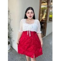 ราคา BN302 ชุดเดรสออกงานสาวอวบ ผ้าชีฟองจุดต่อกระโปรงลายดอก (21324766353)