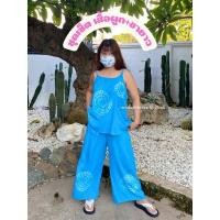 ราคา ชุดเซ็ตเสื้อสายผูก กางเกงขายาวผ้าสปันสีสดใส (19362386742)