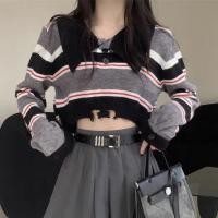 ราคา Ann Fashion เสื้อครอปเอวลอยเกาหลี เสื้อแขนยาวไหมพรม แต่งเอวขาด ลายทาง คอปก กระดุมคอ 388 (20433281190)