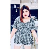 ราคา 868 R เสื้อสาวอวบโบว์2ชั้น แขนตุ๊กตาน่ารัก ลายสก็อต (12035485131)