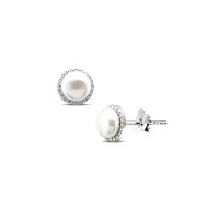 ราคา Silver thai Jewelry ต่างหูเงินมุกทรงกลมประดับเพชร CZ Round silver pearl earrings decorated with CZ diamonds (20516161901)