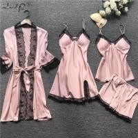 ราคา Womens y Robe Gown Sets Lace Bathrobe Night Dress 4 Four Pieces Sleepwear Womens Sleep Set Faux Silk Robe Femme Lingerie (14060403972)