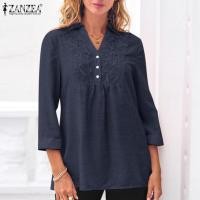 ราคา เคลียร์สต๊อกขาย Esolo ZANZEA เสื้อถักลูกไม้ปักลายดอกไม้สตรีแขน3 4ลำลองเสื้อสตรีคอวีเสื้อทรงหลวม 15 (19616193567)