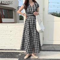 ราคา Stock Korean Style Womens Summer Short Sleeve V Neck A Line Long Dress Check Plaid Midi Dresses Popular (20905357631)