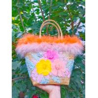 ราคา กระเป๋าสานกระจูด ลายดอกไม้ส้มสวยมาก ขนาด 7 9 นิ้ว งานสวย แถมผ้าผูกทุกใบ (16934803987)