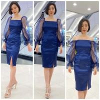 ราคา S 3XL ชุดราตรี เดรสผ้าดัชเชสอัดกาว แต่งแขนพองผ่าแก้วลายจุดซีทรู ปังๆไปเลยจ้า (1497312018)
