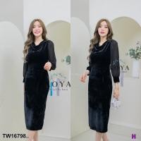 ราคา TW16798 เดรสกำมะหยี่ แขนยาวแต่งแขนชีฟอง คอถ่วง (16690153817)