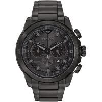 ราคา Citizen Mens Eco Drive Weekender Ecosphere Chronograph Watch in Black IP Stainless Steel Black Dial Model CA4184 81E (16939342313)