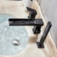 ราคา Matte สีดำก๊อกอ่างอาบน้ำแบบน้ำตก One Handle Deck ติดตั้งยาว Spout Tub ก๊อกผสมดึง Handshower ก๊อกน้ำอ่างอาบน้ำแตะ (7198282130)