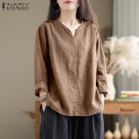 ราคา Stock Womens Vintage Cotton Long Sleeve V Neck Split Tops Bohemian Holiday Solid Blouse 8 Popular (20905331171)