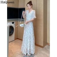 ราคา HiQueen Women Chiffon Dress Summer Short Sleeves V neck A line Skirt Elegant Floral Printing Midi Skirt (20925429566)