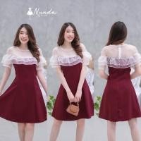 ราคา Fashion Young งานชุดเดรสกระโปรงผ้าซาร่าแต่งผ้าตะข่ายระบายแขน เนื้อดี ใส่ซิบหลัง (14203213438)