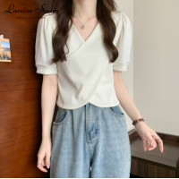 ราคา Stock WomenS T Shirt Korean Style Long Sleeve V Neck Puff Sleeve Cropped Blouse Top Women Popular (20880230820)
