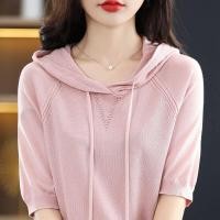 ราคา ฮู้ดแขนสั้นเสื้อไหมพรมแบบสวมหัวสำหรับผู้หญิงสีทึบเสื้อสวมศีรษะพร้อมหมวกทรงหลวมผ่อนคลายแขนกลางฤดูร้อน (19826719760)