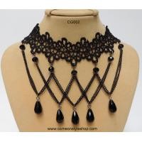 ราคา สร้อยคอโชคเกอร์แนวโกธิค สีดำ ลายลูกไม้ ลูกปัดสีดำ Gothic Choker Necklace - ฺBlack Lace Gothic Choker with Black Bead Drop Pendants (Black) CG002 (251)