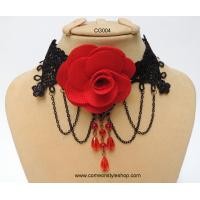ราคา สร้อยคอโชคเกอร์แนวโกธิค สีดำ ลายลูกไม้ ดอกกุหลาบแดง Gothic Choker Necklace - ฺBlack Lace Gothic Choker with Red Rose and Black Bead Drop Pendants (Black) CG004 (253)