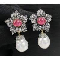 ราคา ต่างหู มุก ตุ้งติ้ง ทับทิม หลังเบี้ย ฝังเพชรกุหลาบ 76 เม็ด 0.80 กะรัต ทอง K 2 สี นน. 14.59 g (054433)