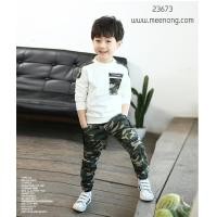 ราคา ชุดแฟชั่นเด็กผู้ชาย เสื้อขาวแขนยาว + กางเกงลายทหาร ไซส์ 120 130 (23673)