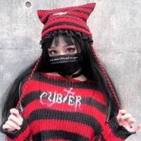 ราคา Dragon Metal Accent Cat Ear Striped Knit Beanie Red - One Size (1119439777)