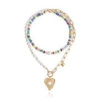 ราคา Heart Pendant Faux Pearl Bead Layered Choker Necklace Gold - One Size (1110667715)