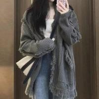 ราคา V-Neck Plain Tasseled Open Front Cardigan Gray - One Size (1125106630)