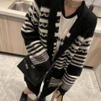 ราคา Hooded Striped Open Front Long Cardigan Stripe - Black & White - One Size (1126215930)