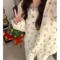 ราคา Pajama Set: Long-Sleeve Crew Neck Henley Animal Print Ribbed Top + Pants Off-White - One Size (1126918008)