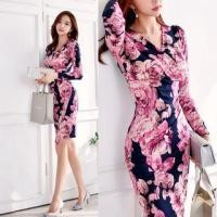 ราคา Long-Sleeve Floral Print Sheath Dress As Shown In Figure - One Size (1072798092)