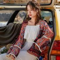 ราคา Fringed Trim Patterned Open Front Jacket Red - One Size (1087093661)